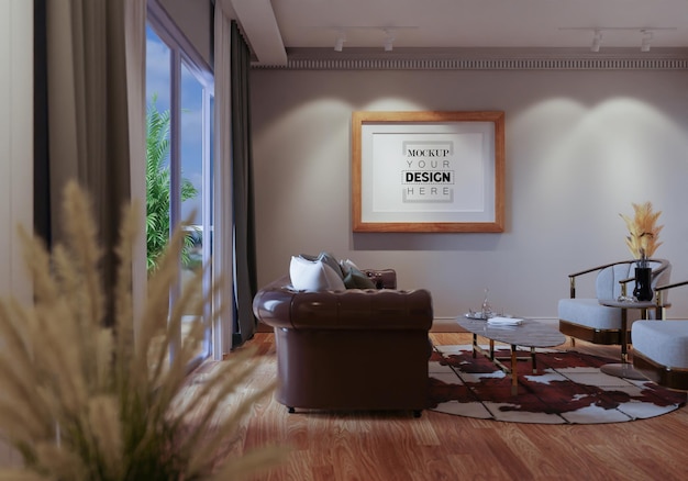 poster frame in living room psd mockup