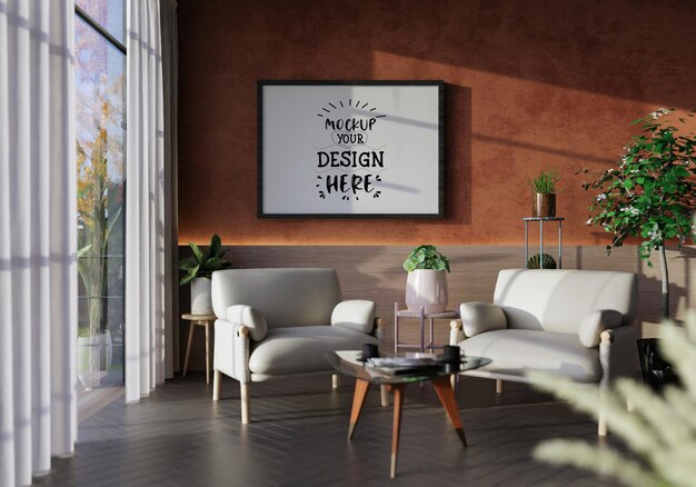 Poster frame in living room psd mockup