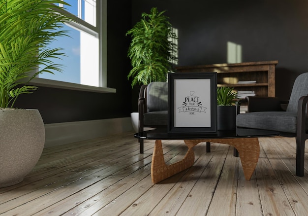 Poster frame in living room psd mockup