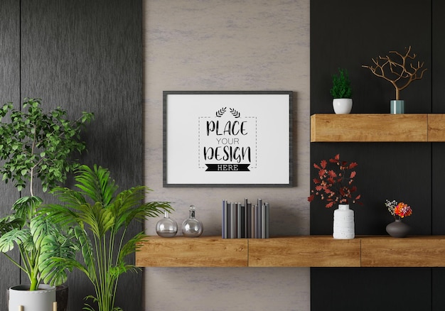 Poster frame in living room psd mockup