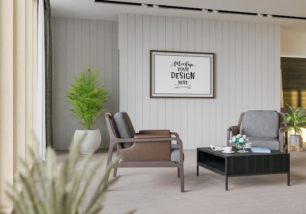 poster frame in living room psd mockup