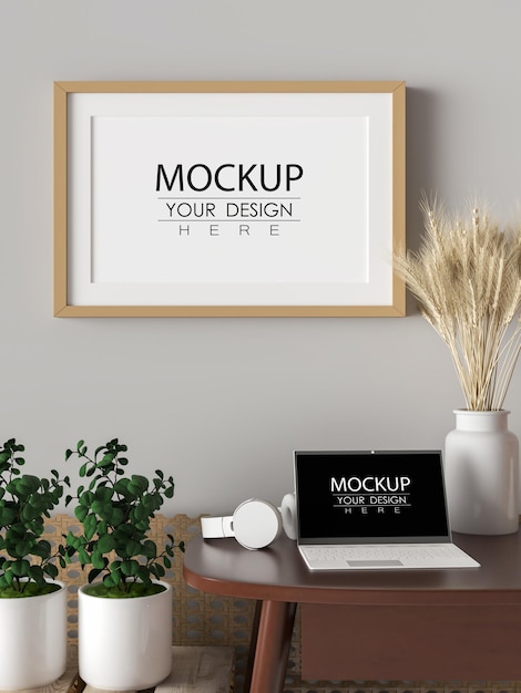 Poster frame in living room psd mockup