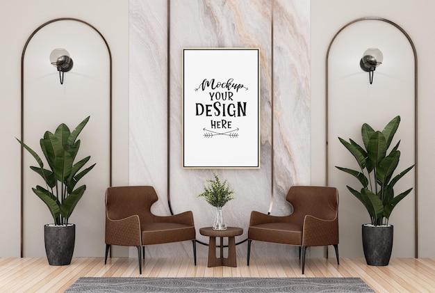 Poster frame in living room psd mockup