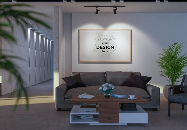 Poster frame in living room psd mockup