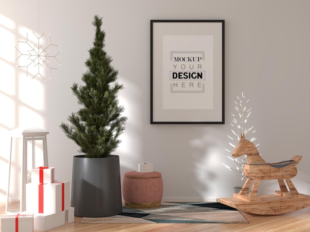 Poster frame in living room psd mockup