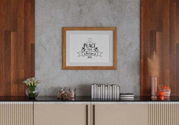 Poster frame in living room psd mockup