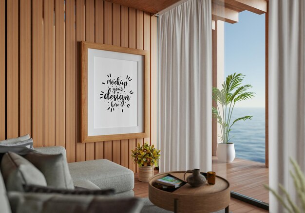 Poster frame in living room psd mockup