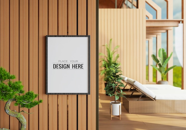 Poster frame in living room psd mockup