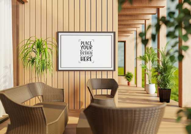 Poster frame in living room psd mockup