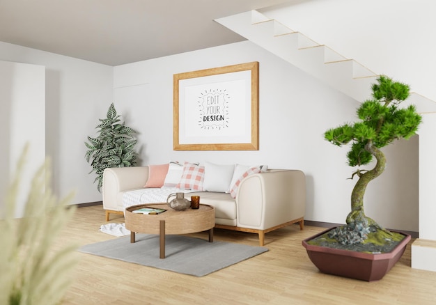 Poster frame in living room psd mockup