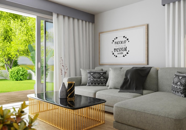 poster frame in living room psd mockup