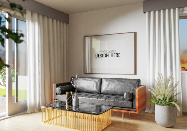 Poster frame in living room psd mockup