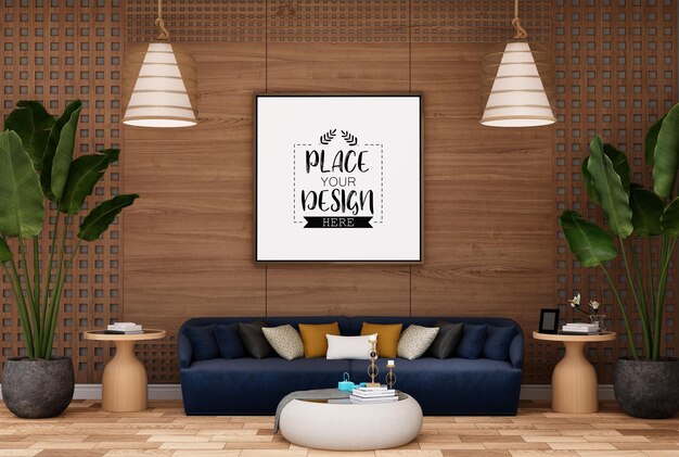 PSD poster frame in living room psd mockup