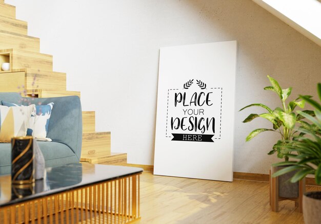 PSD poster frame in living room psd mockup