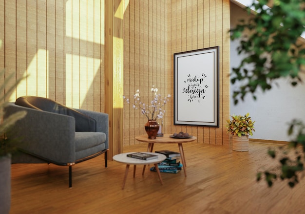 Poster frame in living room psd mockup