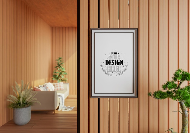 Poster frame in living room psd mockup