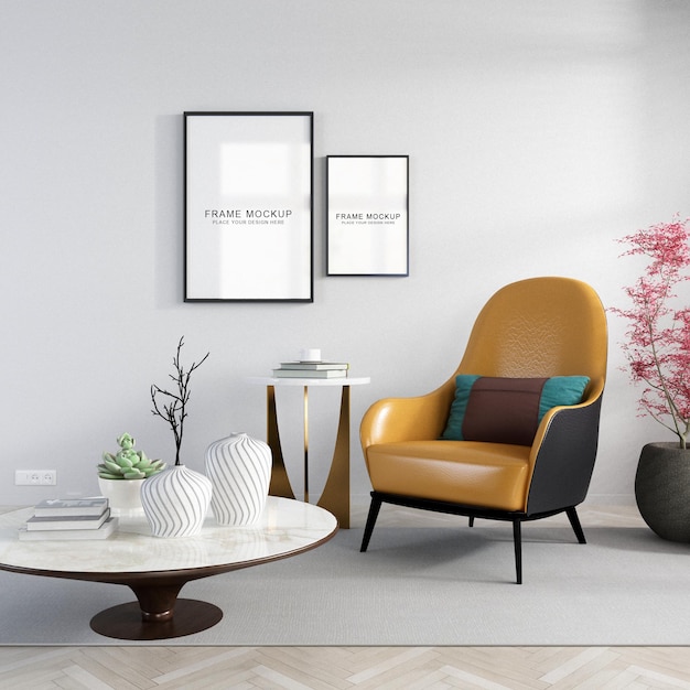 Poster frame in living room with sofa mockup