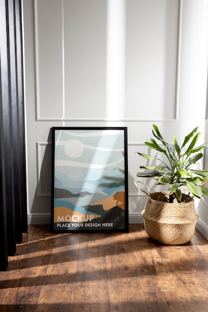 PSD poster frame mock-up with interior home decor