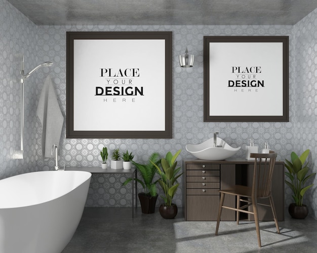 PSD poster frame mockup on bathroom interior