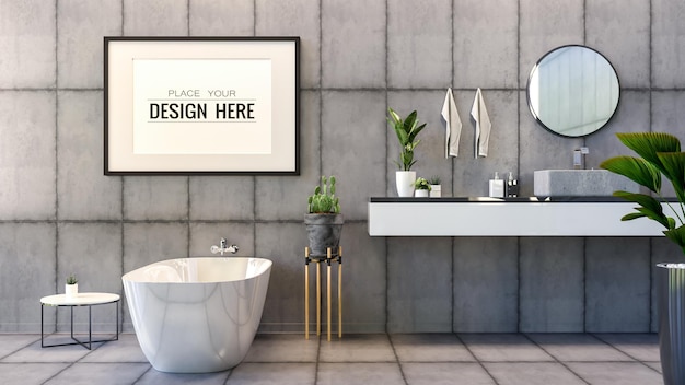 Poster frame mockup on bathroom interior