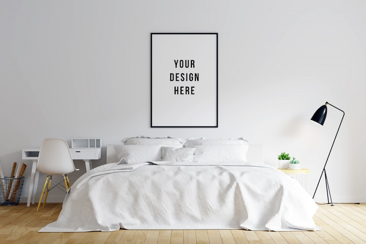PSD poster frame mockup bedroom interior with decorations