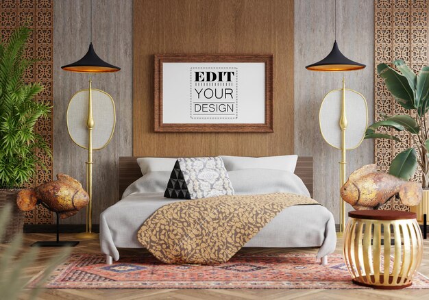 Poster frame mockup in a bedroom
