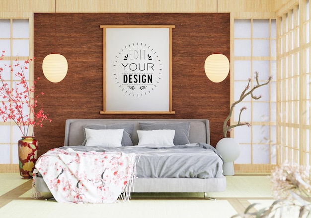 Mockup di cornice per poster in una camera da letto