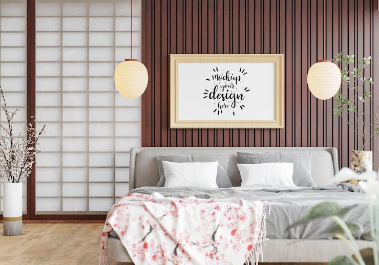 PSD poster frame mockup in a bedroom