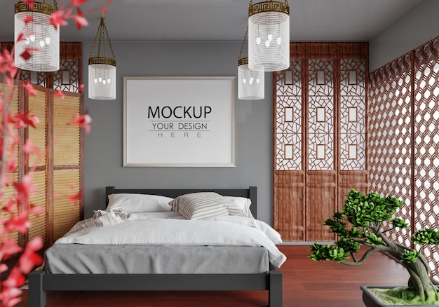 PSD mockup di cornice per poster in una camera da letto