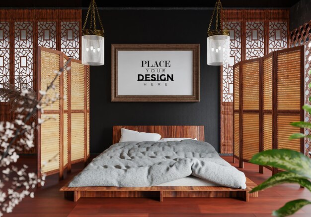 PSD poster frame mockup in a bedroom