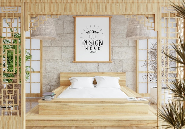 Mockup di cornice per poster in una camera da letto