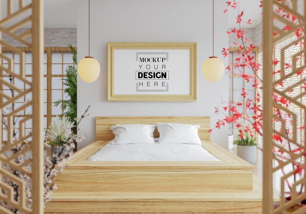 Mockup di cornice per poster in una camera da letto