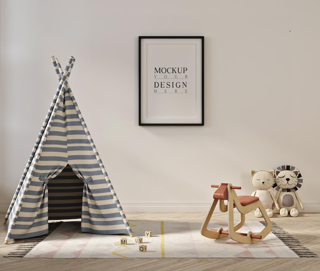 Poster frame mockup in cute playroom interior