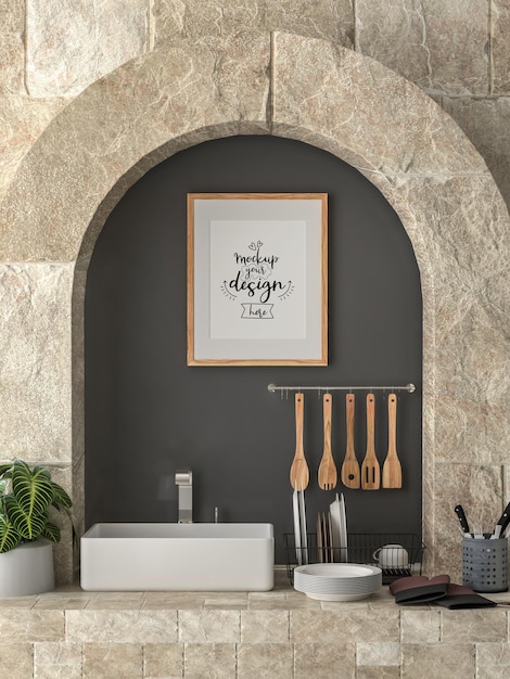Poster Frame Mockup interieur in een keukenkamer
