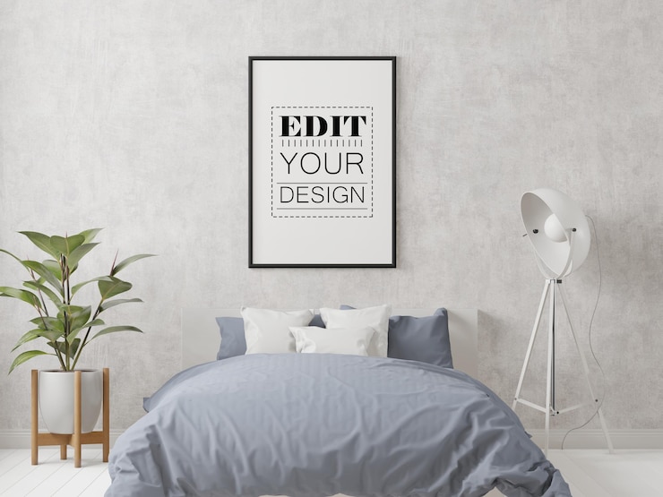 PSD poster frame mockup interieur in een slaapkamer