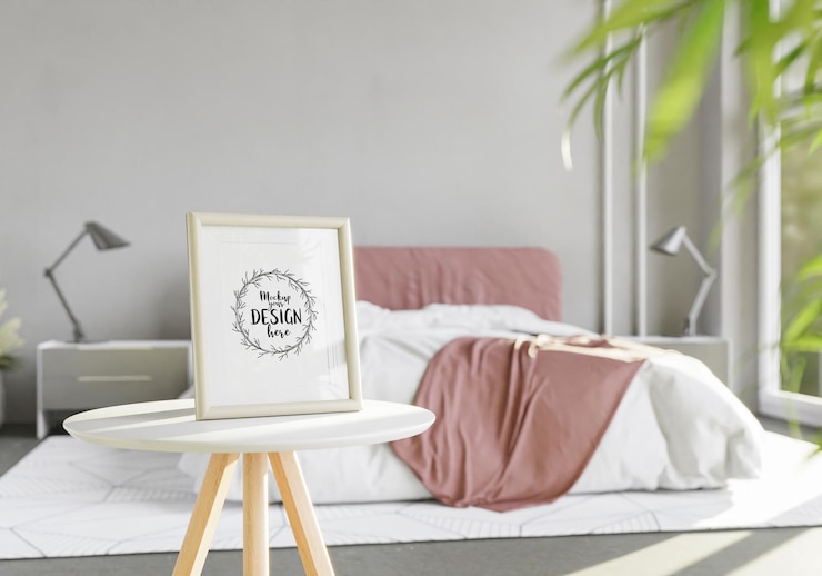 PSD poster frame mockup interieur in een slaapkamer