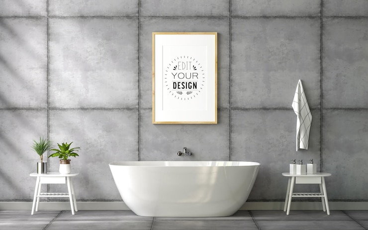 PSD poster frame mockup interior in a bathroom