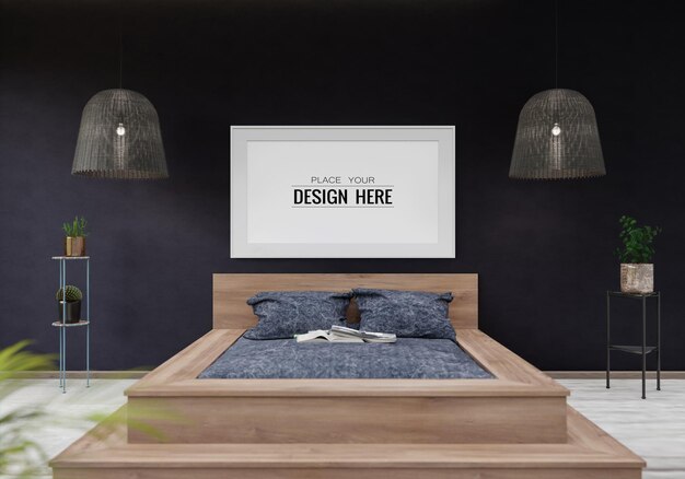 PSD poster frame mockup interior in a bedroom