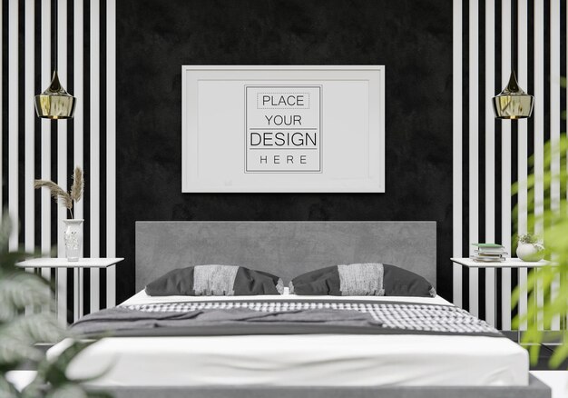 Poster frame mockup interior in a bedroom