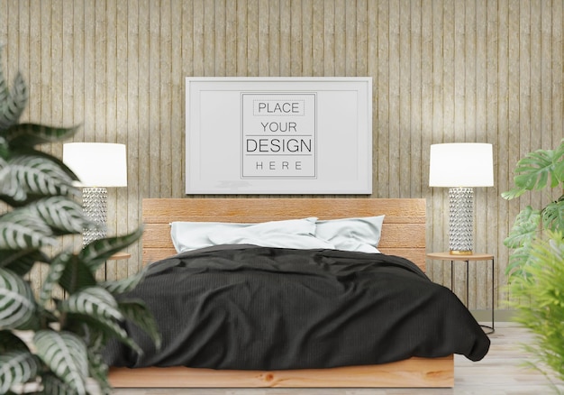 Poster frame mockup interior in a bedroom