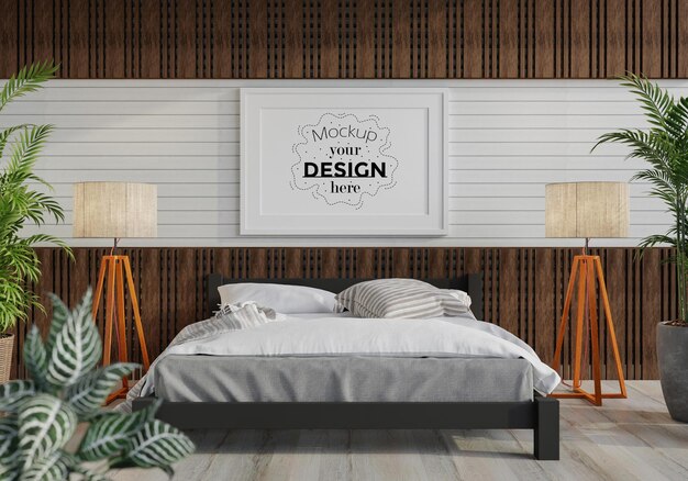 PSD poster frame mockup interior in a bedroom