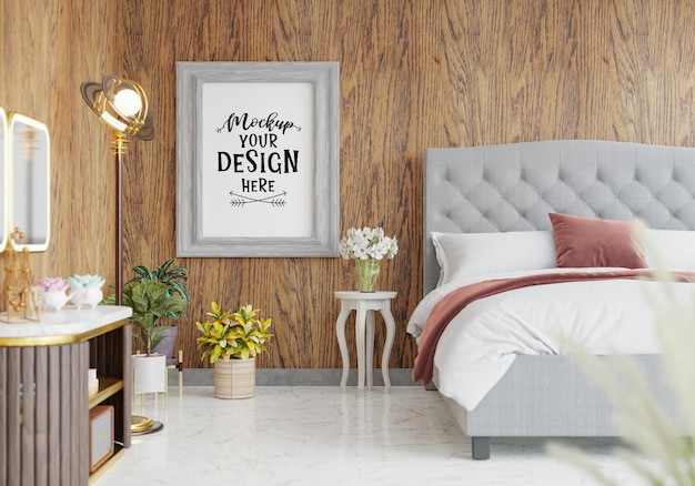 Poster frame mockup interior in a bedroom