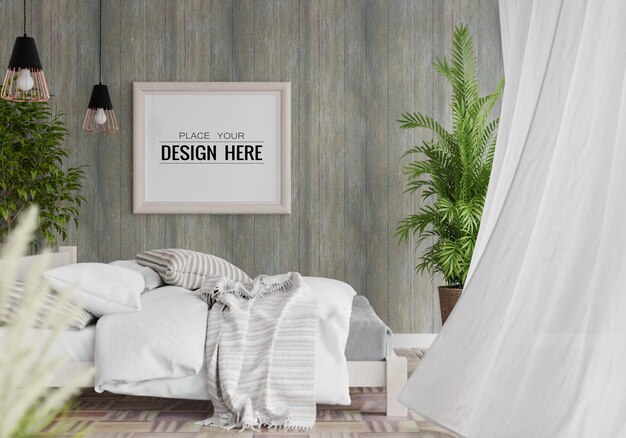 PSD poster frame mockup interior in a bedroom