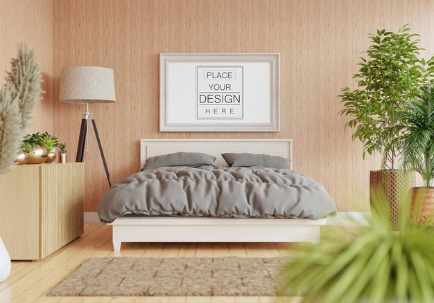 PSD poster frame mockup interior in a bedroom