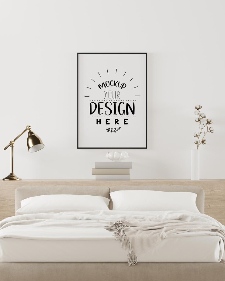 PSD poster frame mockup interior in a bedroom