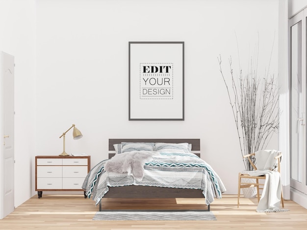 PSD poster frame mockup interior in a bedroom