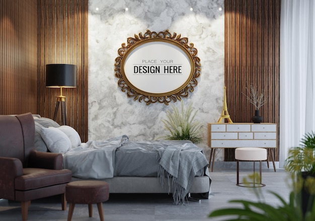 PSD poster frame mockup interior in a bedroom