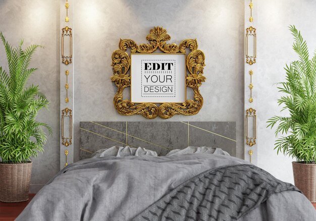 PSD poster frame mockup interior in a bedroom