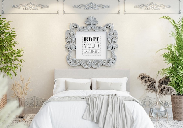 PSD poster frame mockup interno in una camera da letto