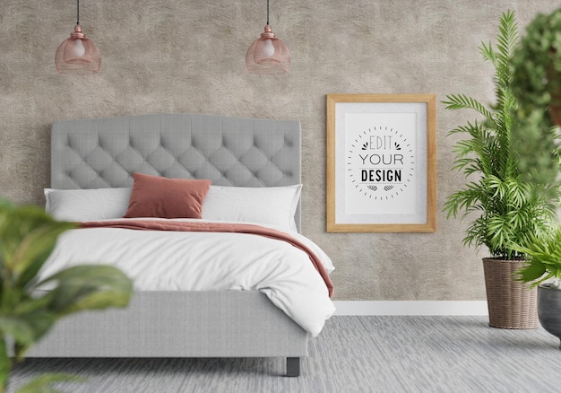 PSD poster frame mockup interior in a bedroom